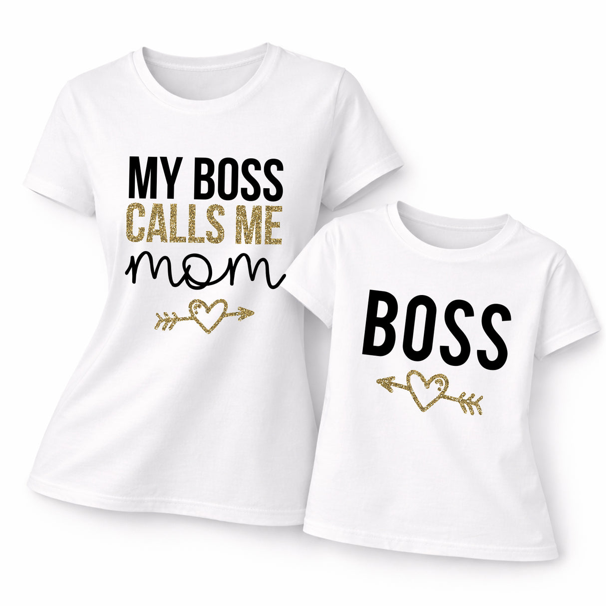 Set t-shirt bianche: maglietta mamma “MY BOSS CALLS ME mom” e bambino “BOSS”