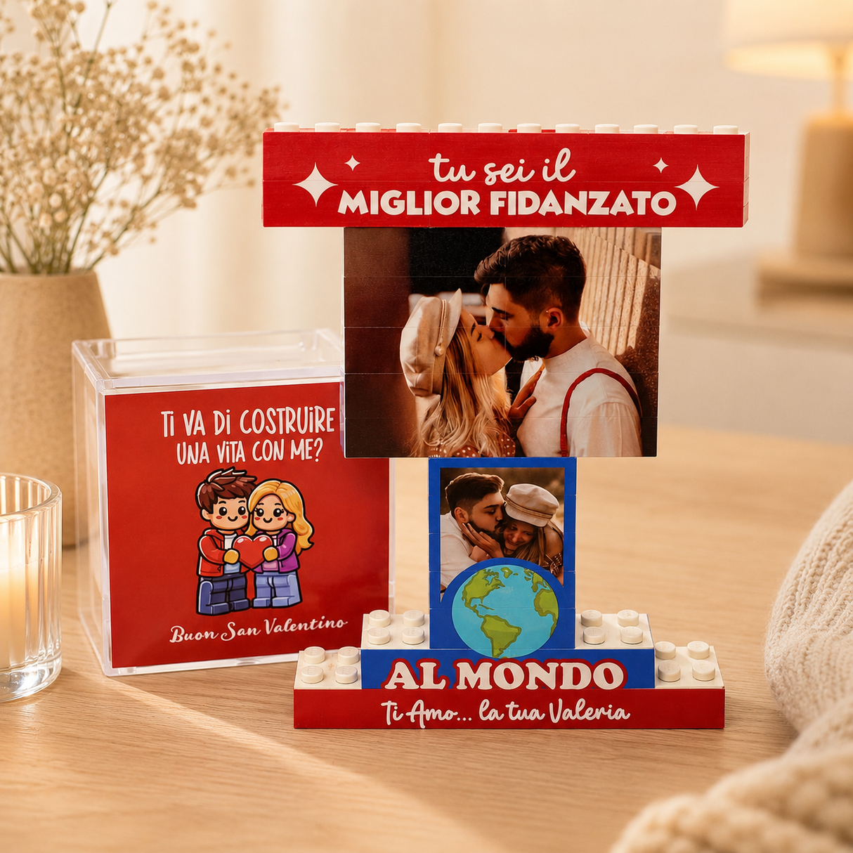 Trofeo di mattoncini da costruire rosso con foto e scritta “Tu sei il Miglior Fidanzato”
