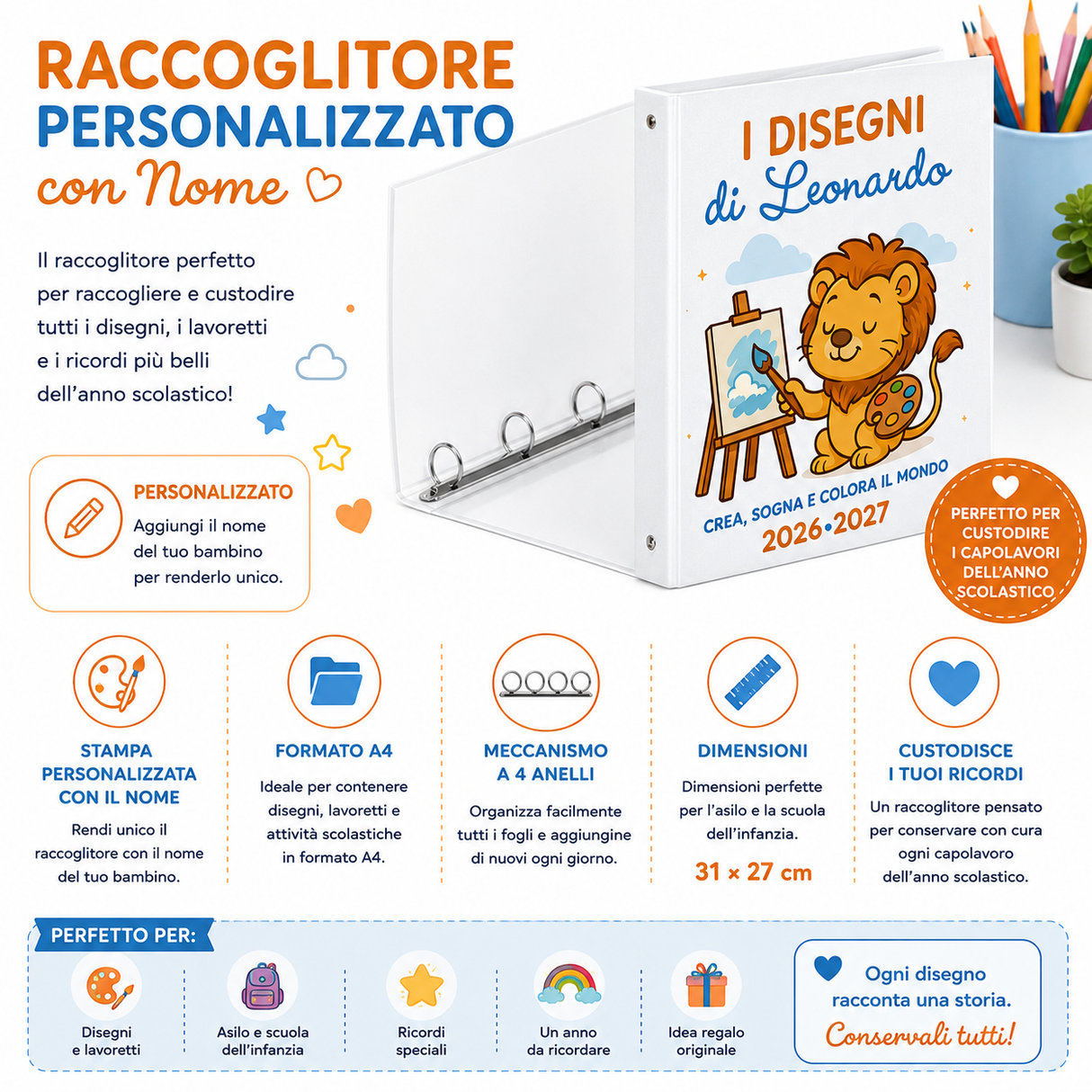 Raccoglitore ad anelli bianco con grafica del leone e anelli metallici