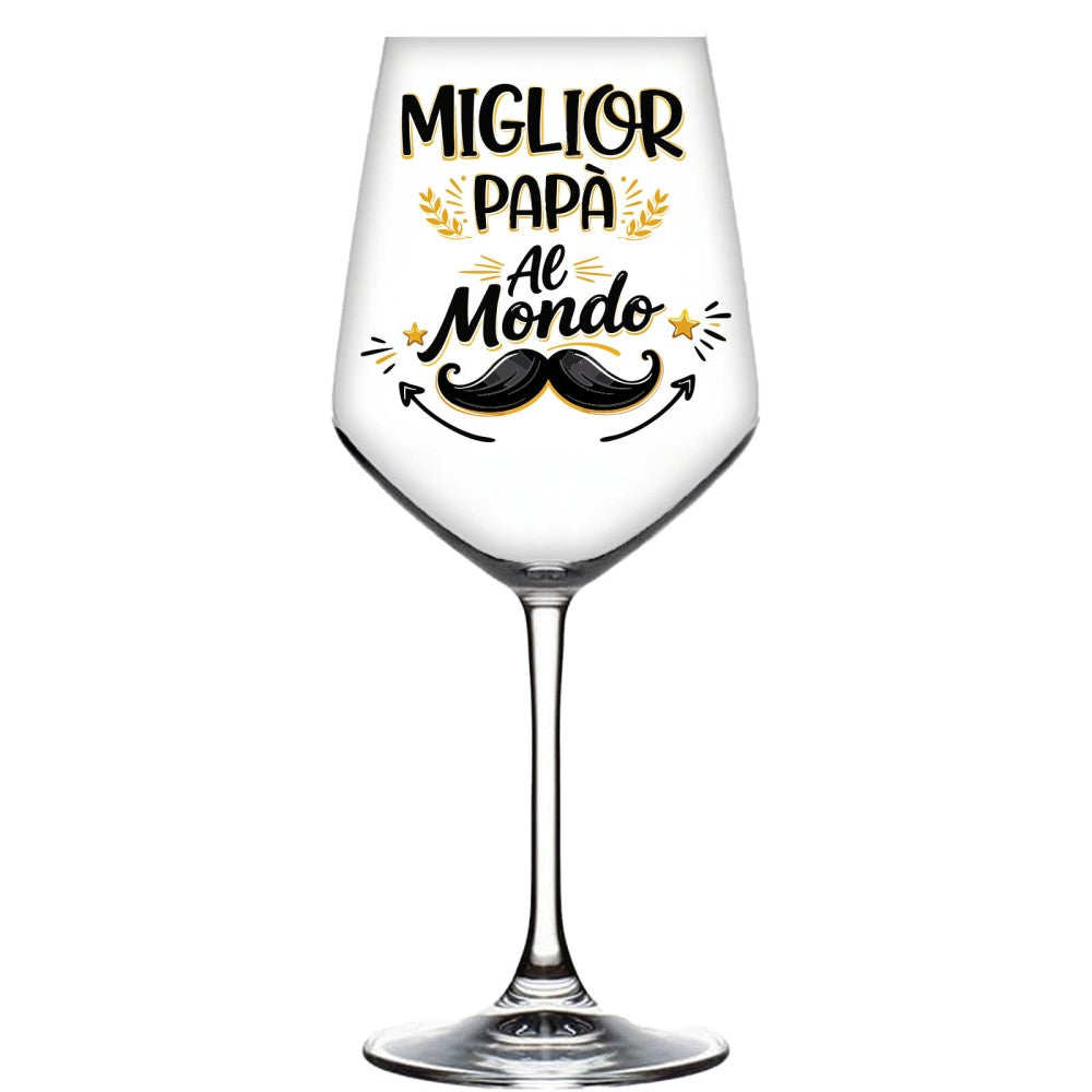 Calice da vino con scritta “Miglior Papà al Mondo” e baffi, vetro trasparente