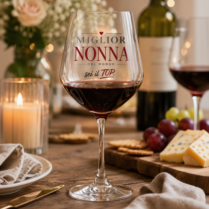 Calice da vino in vetro con vino rosso e scritta “Miglior Nonna del mondo, sei il TOP”