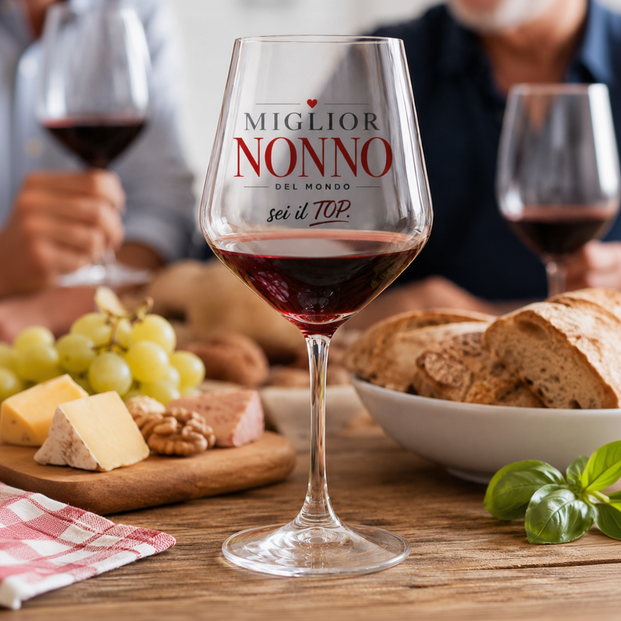 Calice da vino in vetro con vino rosso, scritta “Miglior Nonno del mondo, sei il TOP”