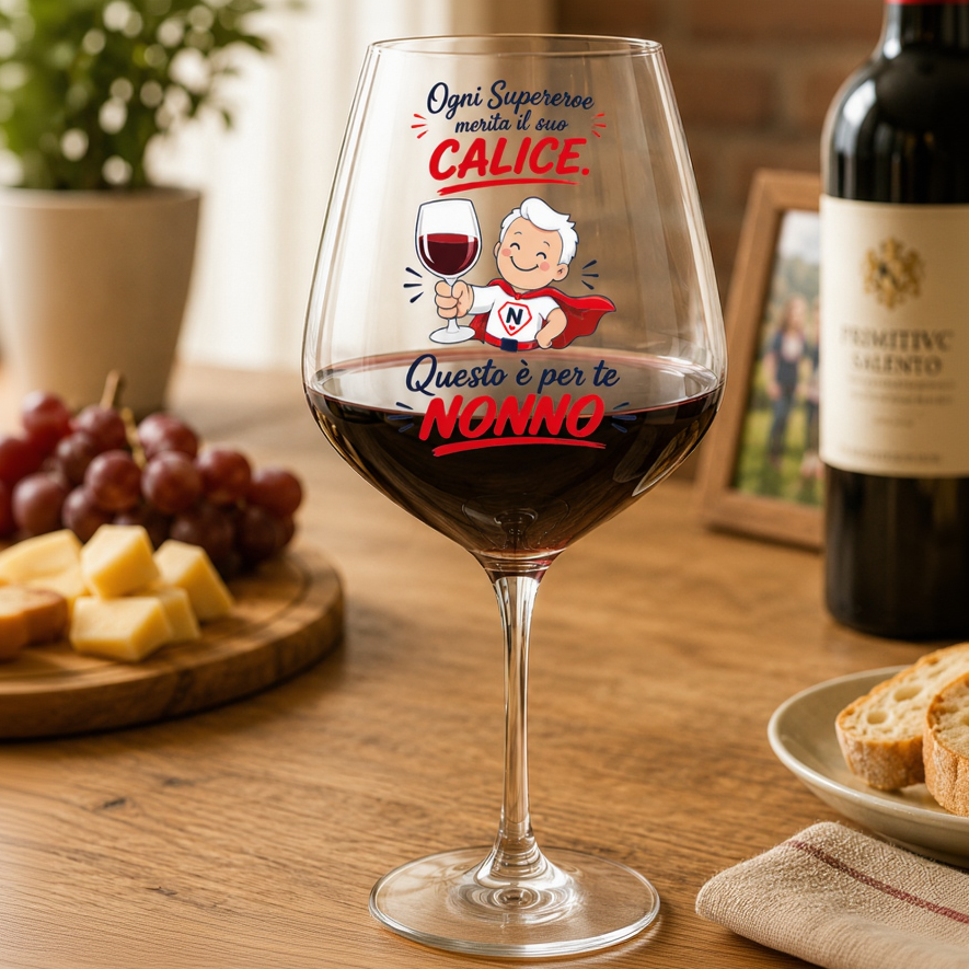 Calice da vino personalizzato con grafica del calice rosso e scritta “NONNO”