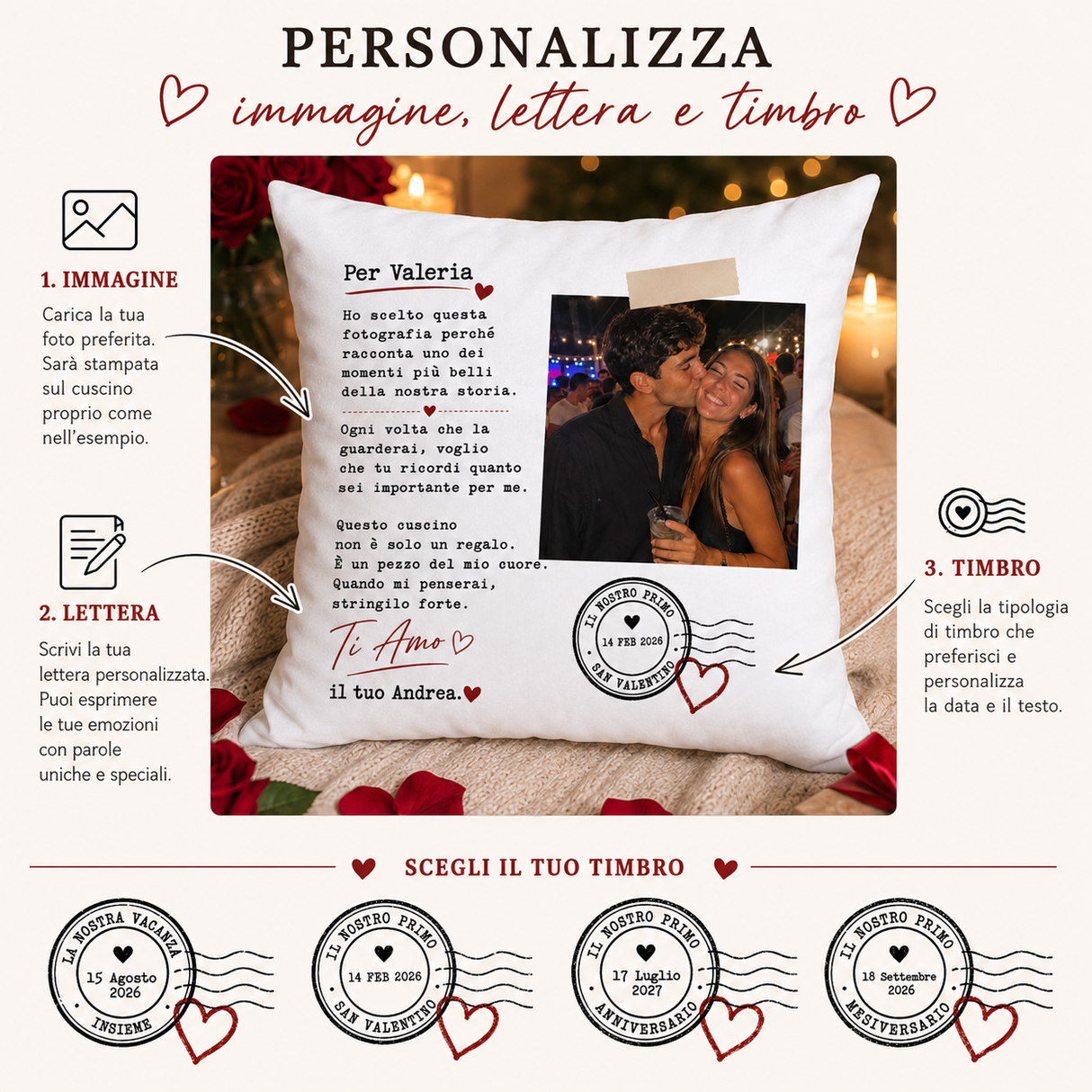 Cuscino personalizzato con foto e testo, con timbri rotondi selezionabili in schermata