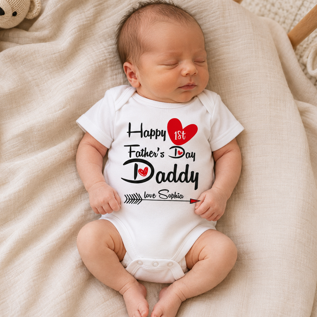Tutina neonato bianca indossata da bimbo con scritta Happy 1st Father’s Day Daddy