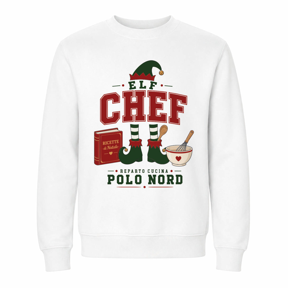 Felpa bianca a girocollo con grafica Elf Chef e testo Polo Nord frontale