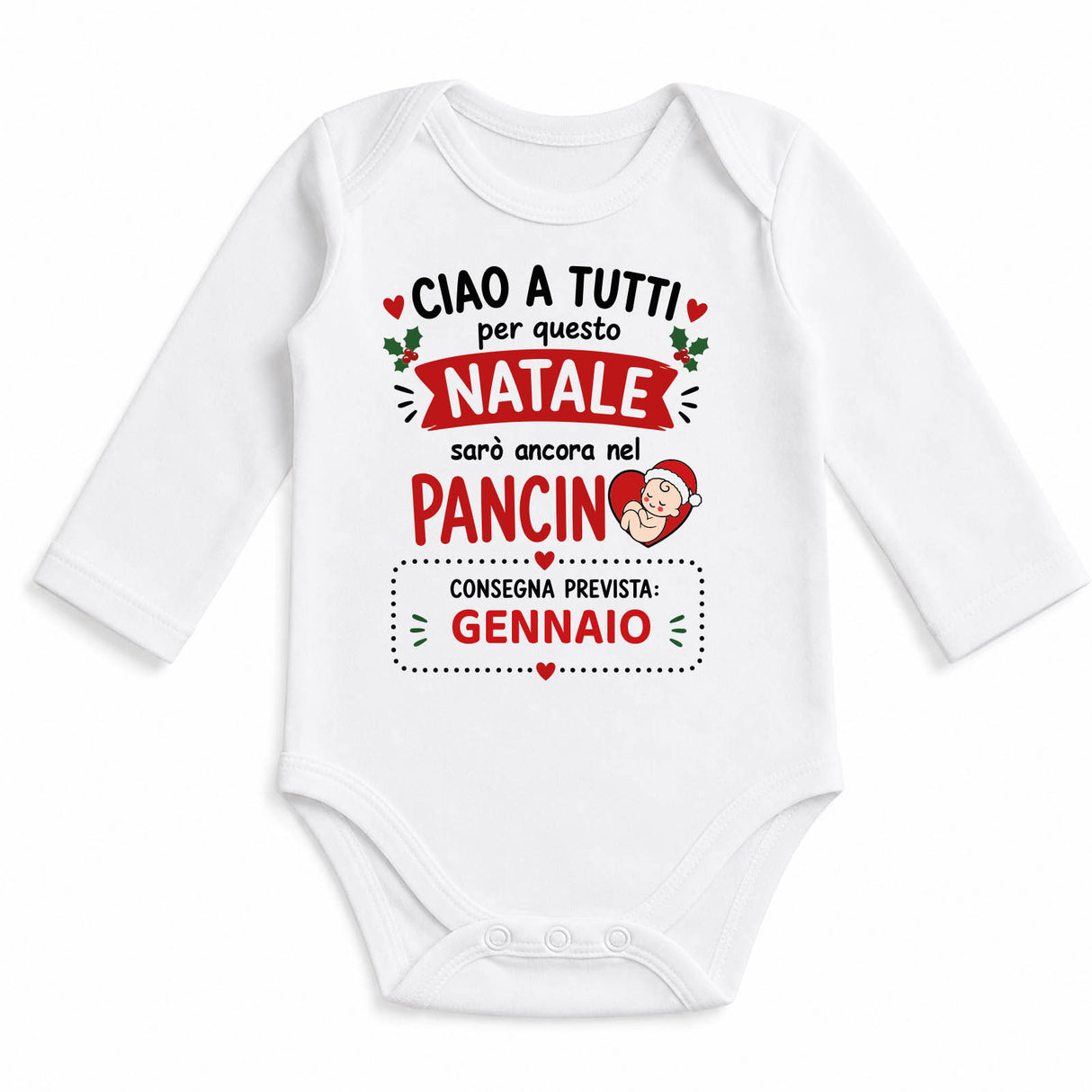 Body neonato natalizio bianco a manica lunga con scritta e GENNAIO, grafica Babbo Natale