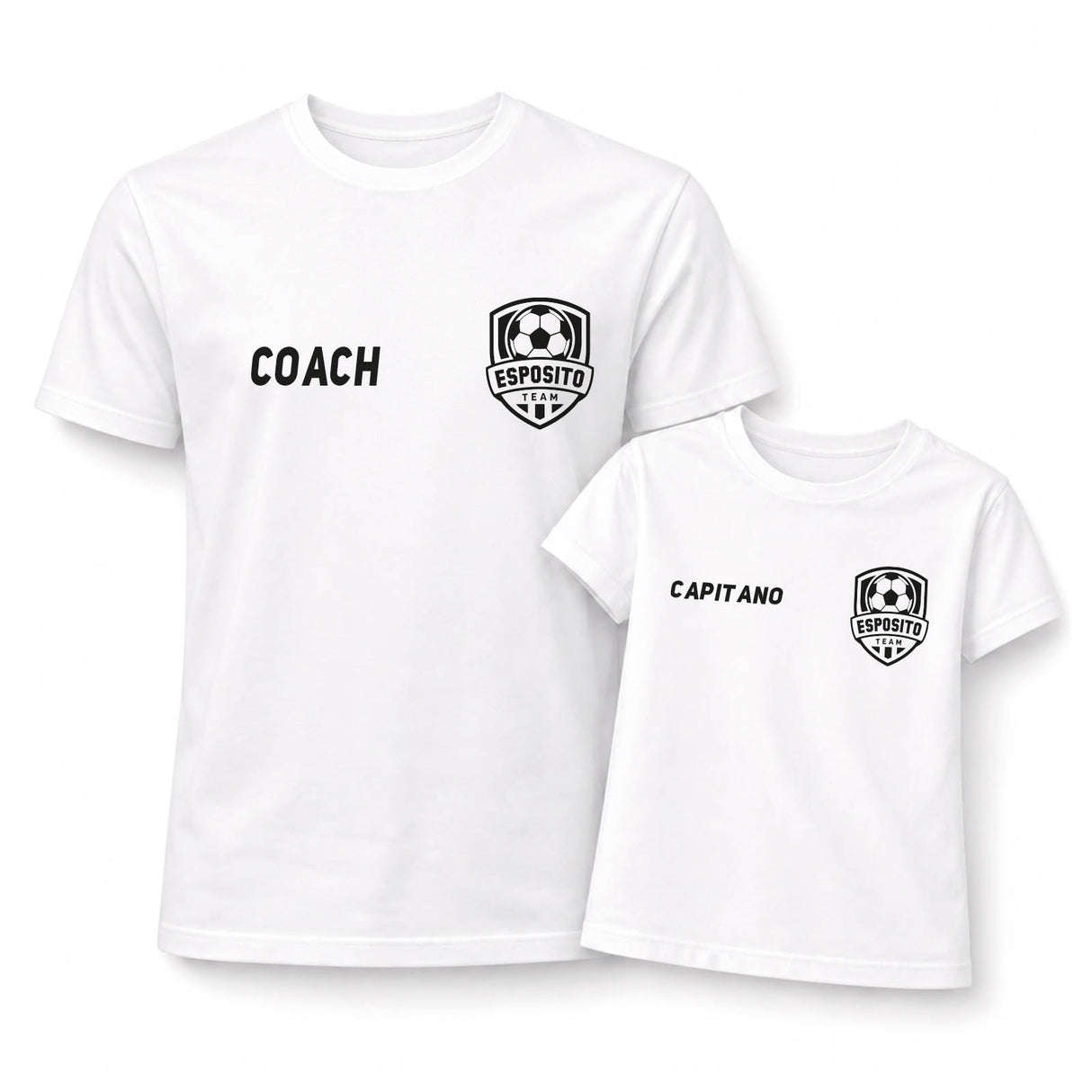 Coppia di magliette bianche Coach e Capitano con stemma squadra calcistica, set 2