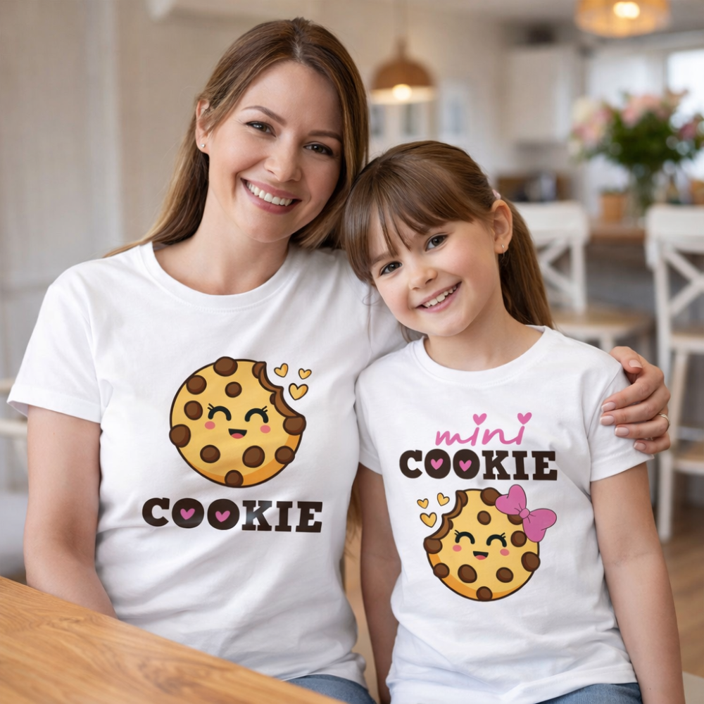 Set di magliette bianche per mamma e figlia con stampa Cookie e mini Cookie