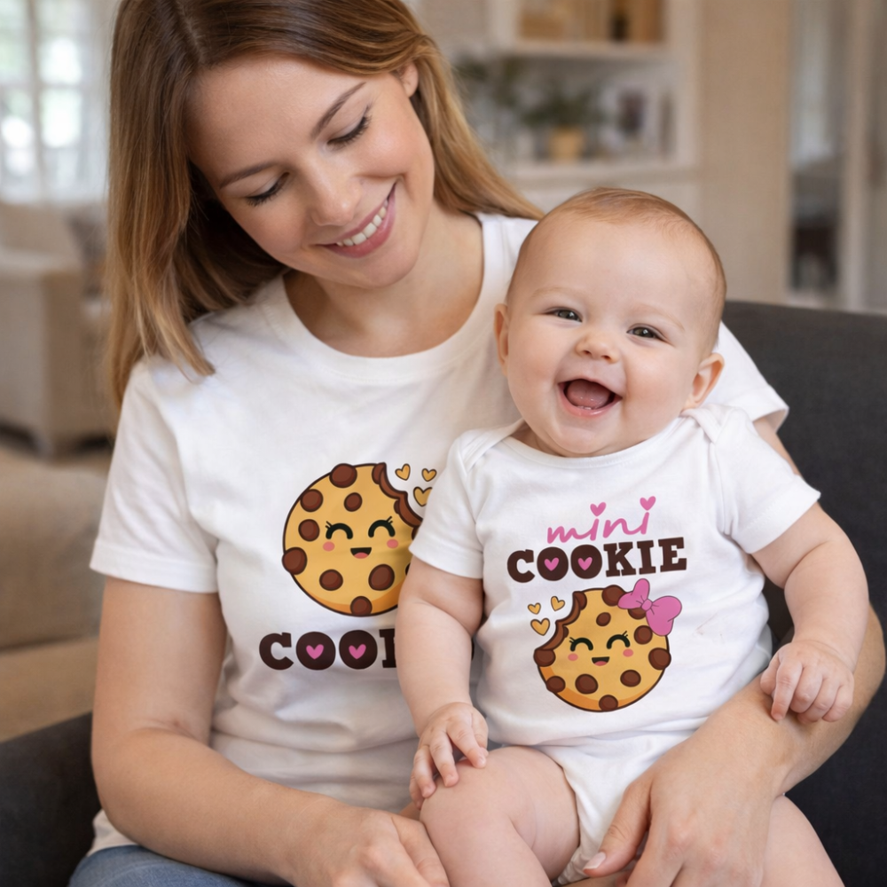 Set di magliette bianche: donna con stampa Cookie, neonato con mini Cookie