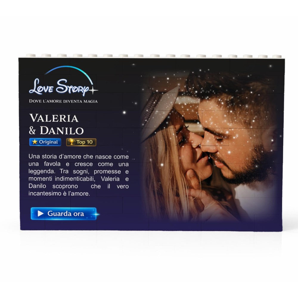 Cornice fotografica nera con mattoncini bianchi in alto, foto coppia e Love Story