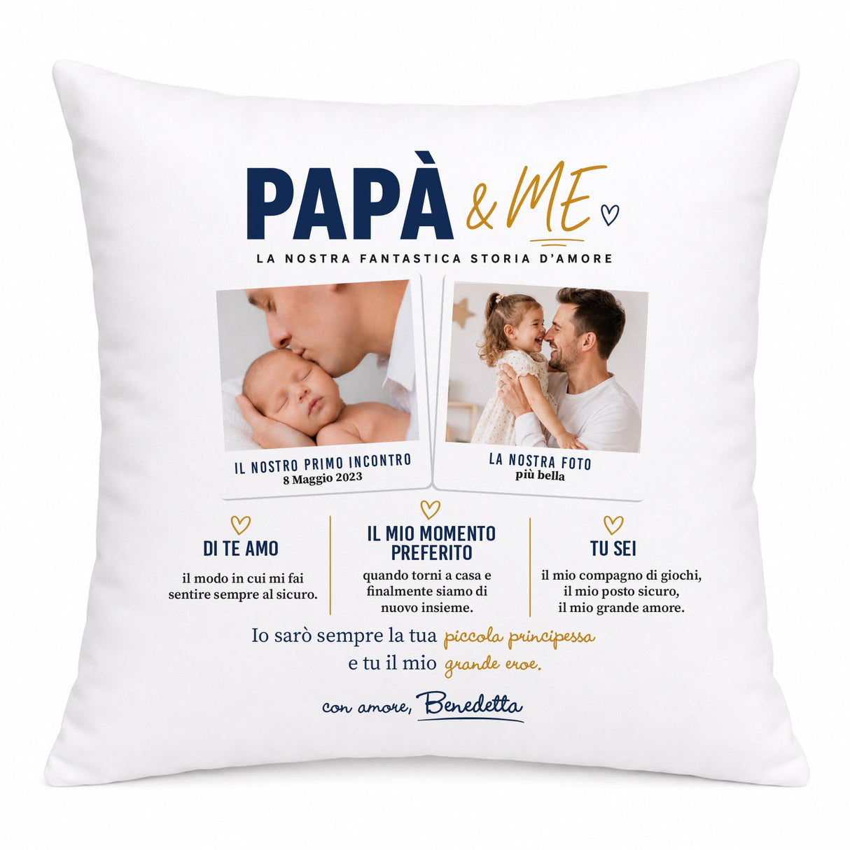 Cuscino bianco con stampa PAPÀ & ME, due foto e testo d’amore per papà e figlia