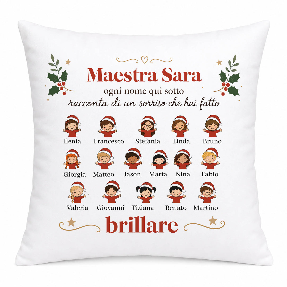 Cuscino personalizzato bianco con scritta Maestra Sara, nomi alunni e icone sorridenti