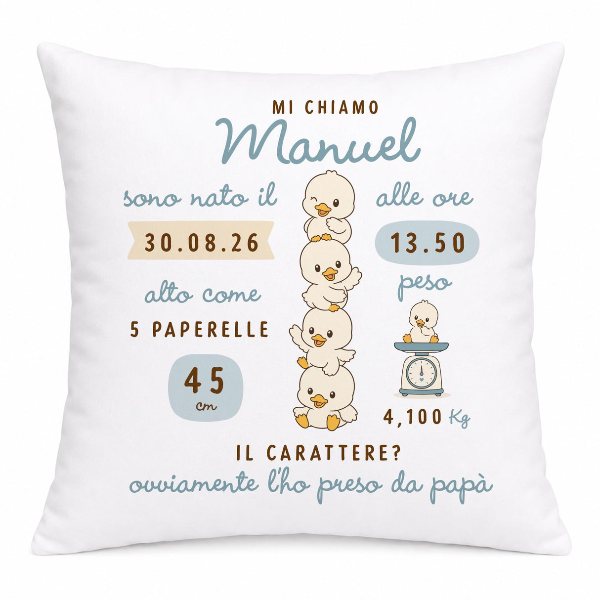 Cuscino bianco con scritta Manuel, dati nascita, orsetti e bilancina, grafica azzurra