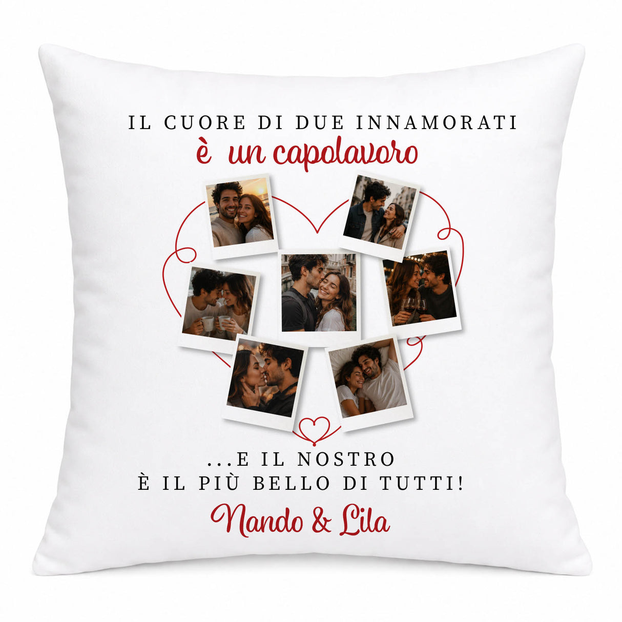 Cuscino bianco personalizzato con cuore in foto e testo “Mando & Lila”.
