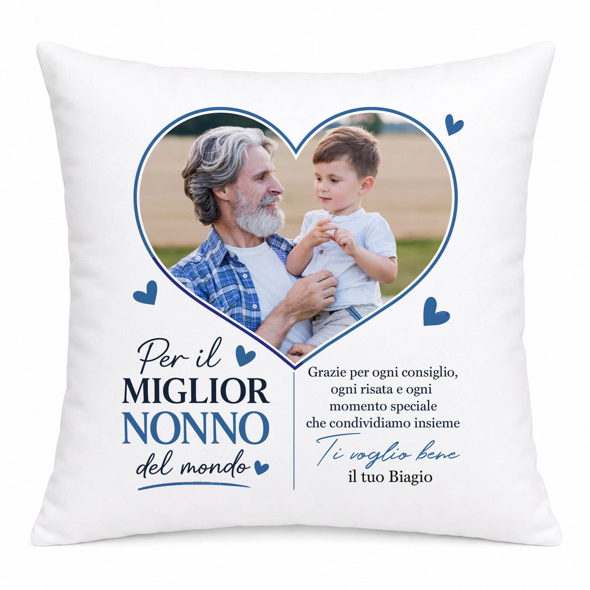 Cuscino bianco con foto in cuore, testo per il miglior nonno e cuoricini blu