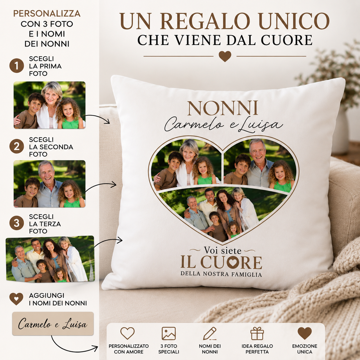 Cuscino bianco con cuore personalizzato, foto, Nonni Carmelo e Luisa; Voi siete il cuore
