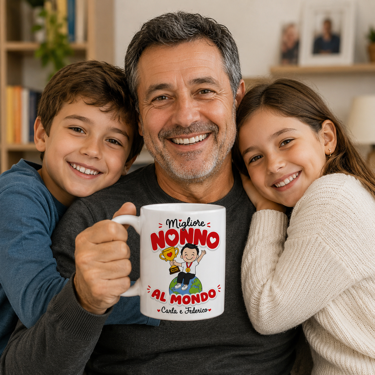 Tazza bianca con manico “Migliore Nonno al mondo” in primo piano con famiglia sorridente