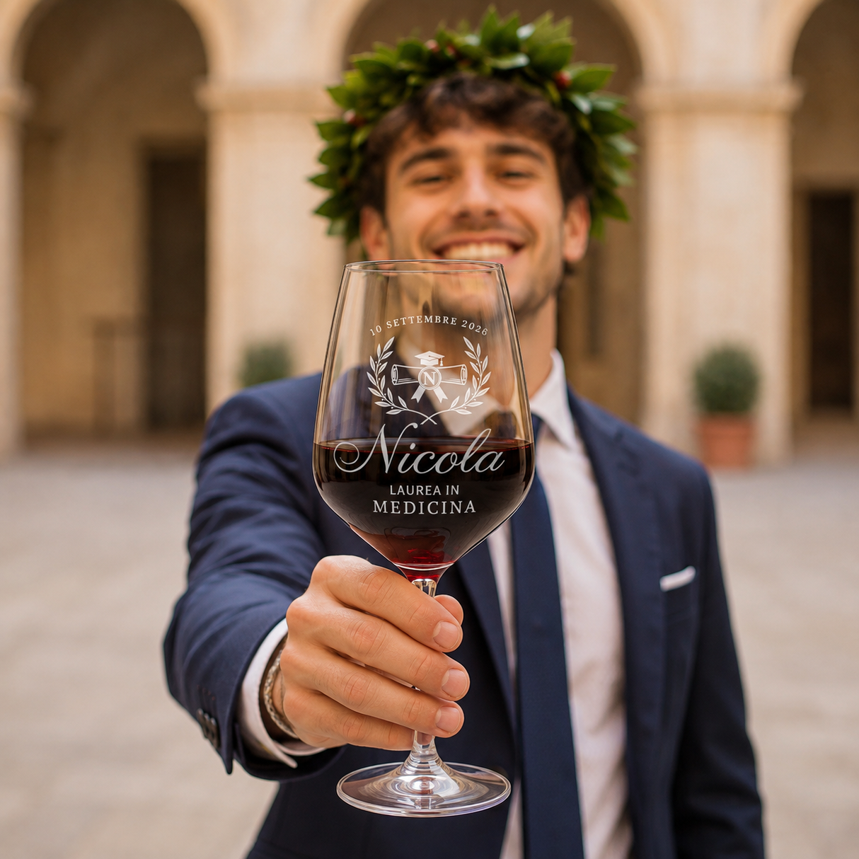 Calice da vino in vetro con incisione Nicola, data di settembre e laurea Medicina