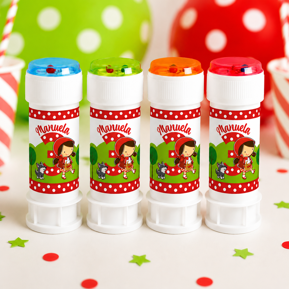Set di 4 bolle di sapone: quattro bottiglie con tappo colorato e etichetta Cappuccetto Rosso.
