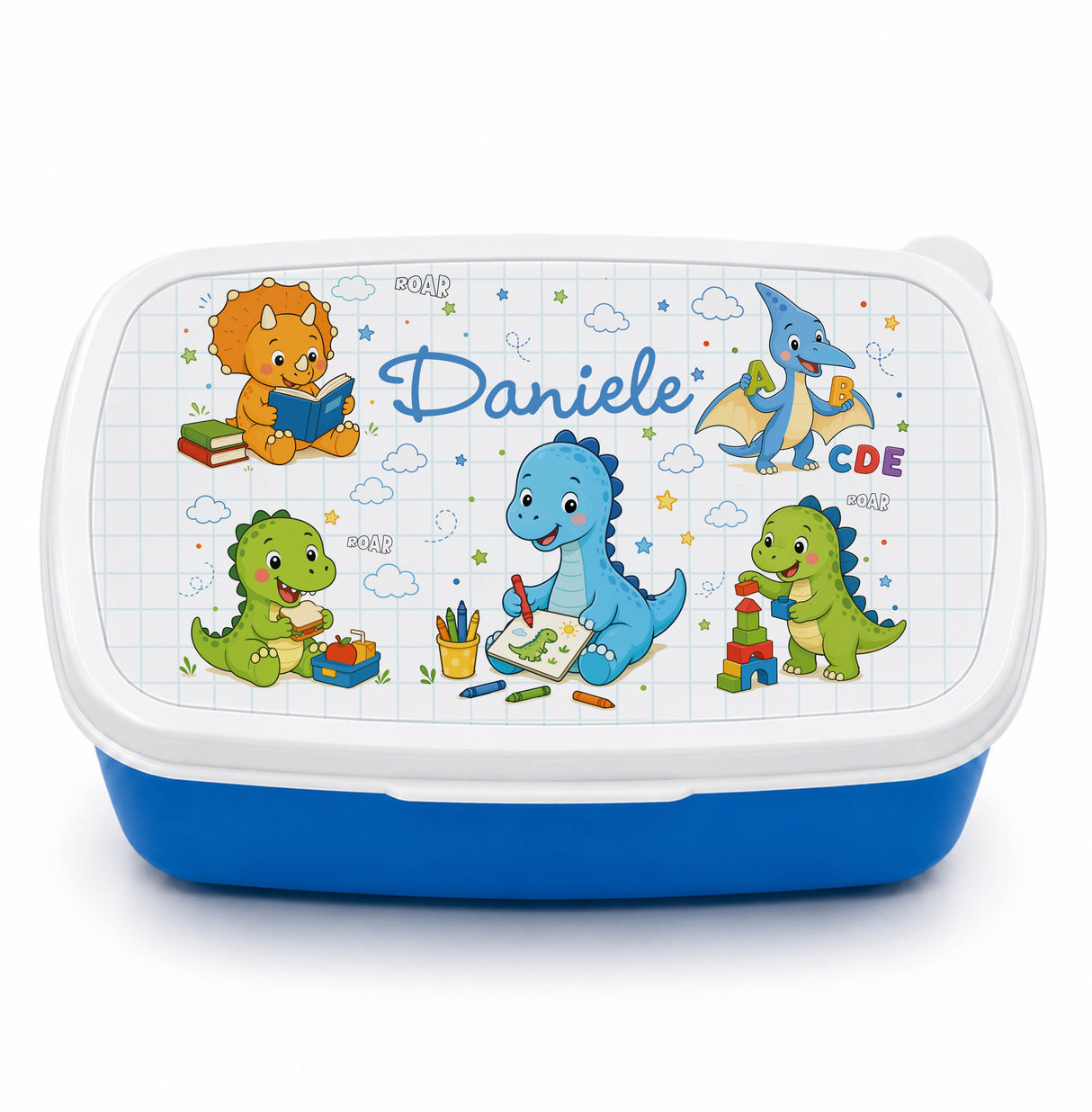 Lunch box rettangolare blu con coperchio bianco, dinosauri e nome Daniele