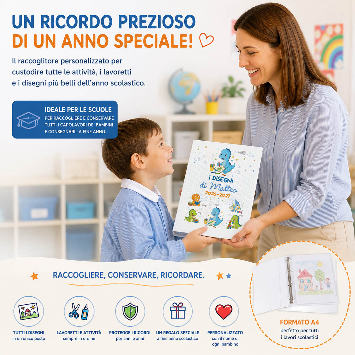 Raccoglitore ad anelli A4 con copertina bianca e grafica dinosauri per disegni e ricordi