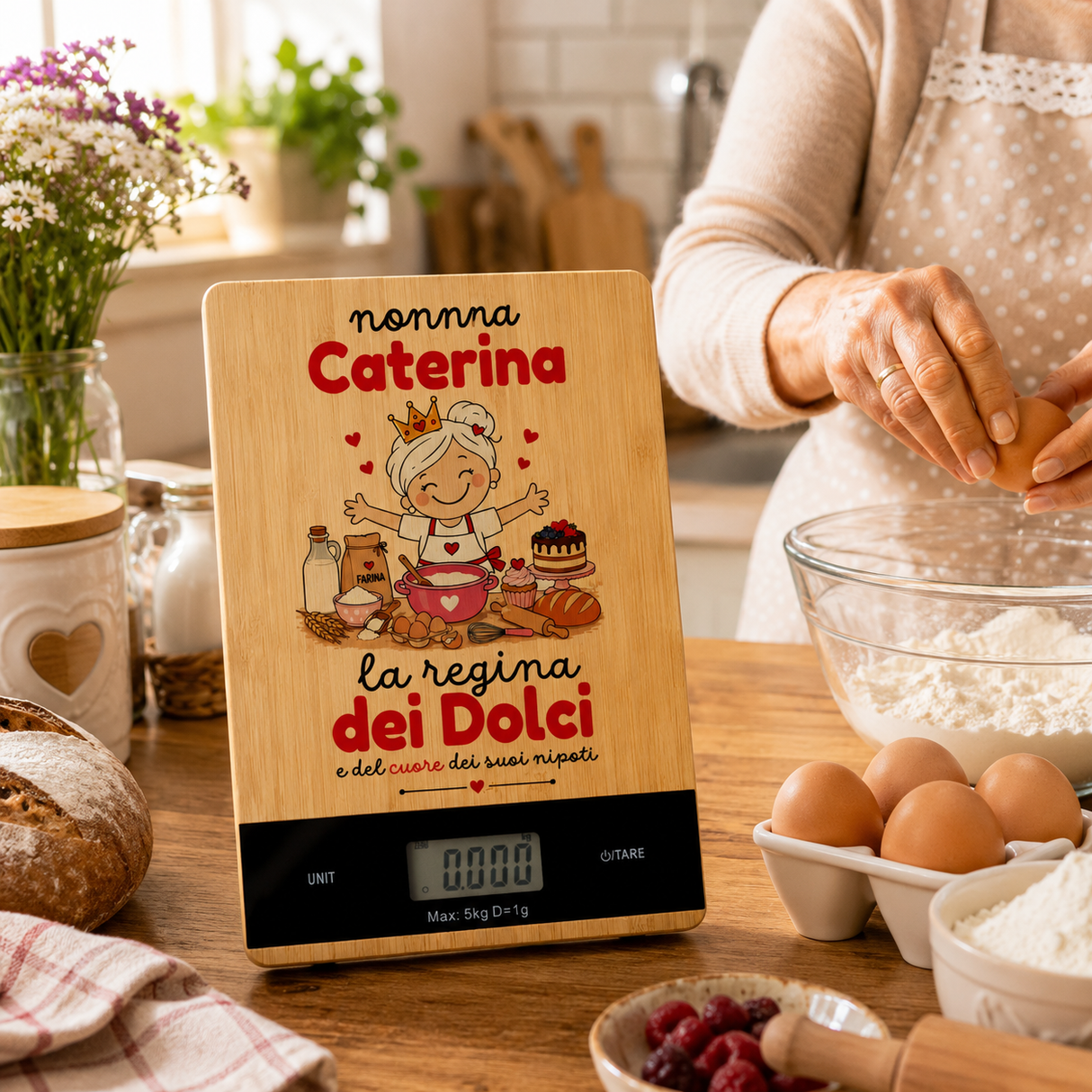 Bilancia digitale da cucina in legno “Nonna Caterina, la regina dei Dolci”