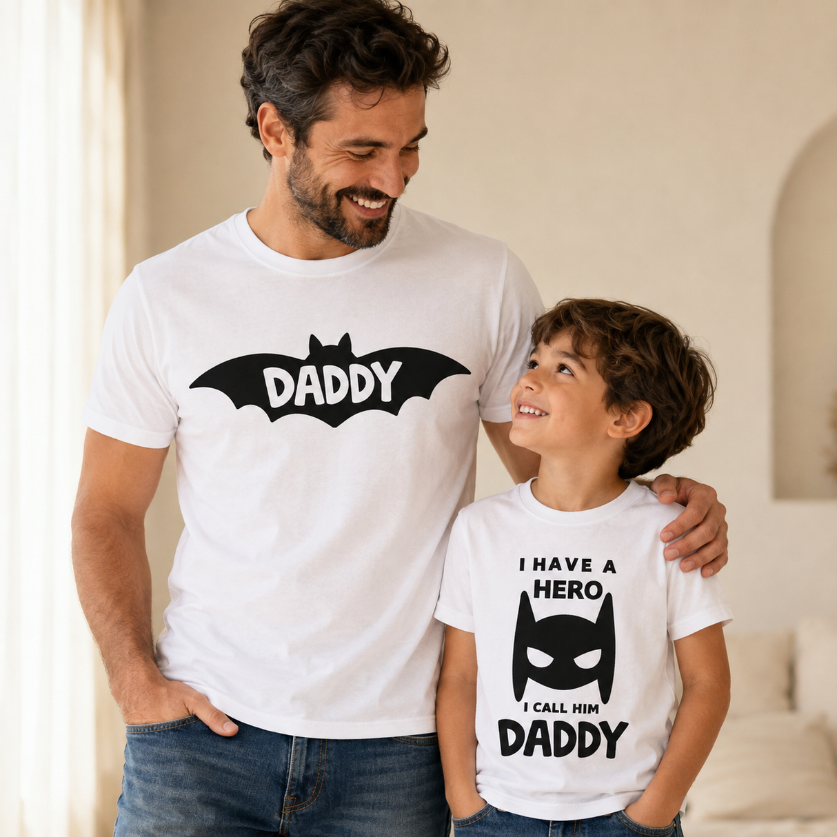 Coppia t-shirt bianche padre e figlio con stampa supereroe e scritte Daddy