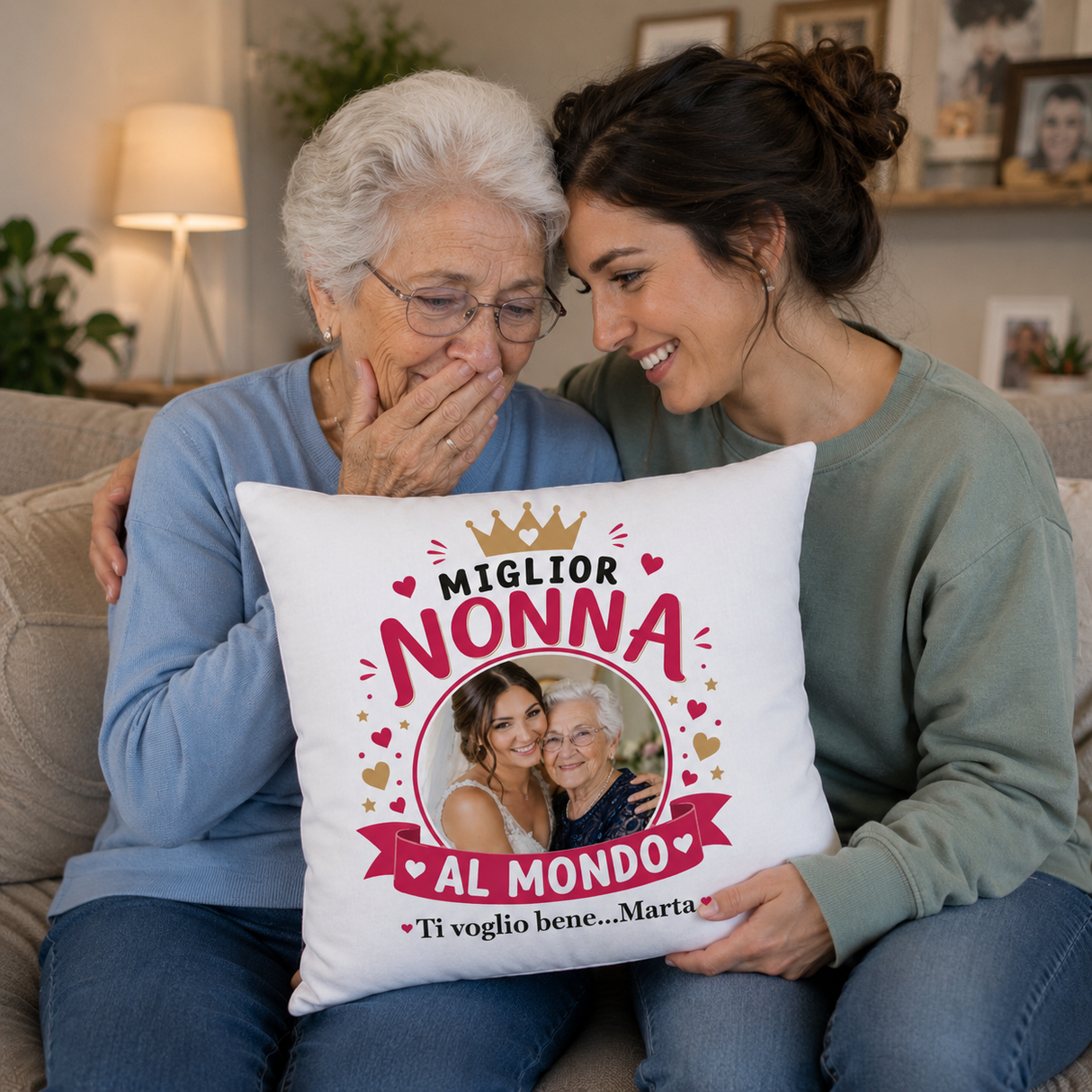 Cuscino bianco con stampa 'Miglior Nonna al mondo' e foto, Ti voglio bene...Marta