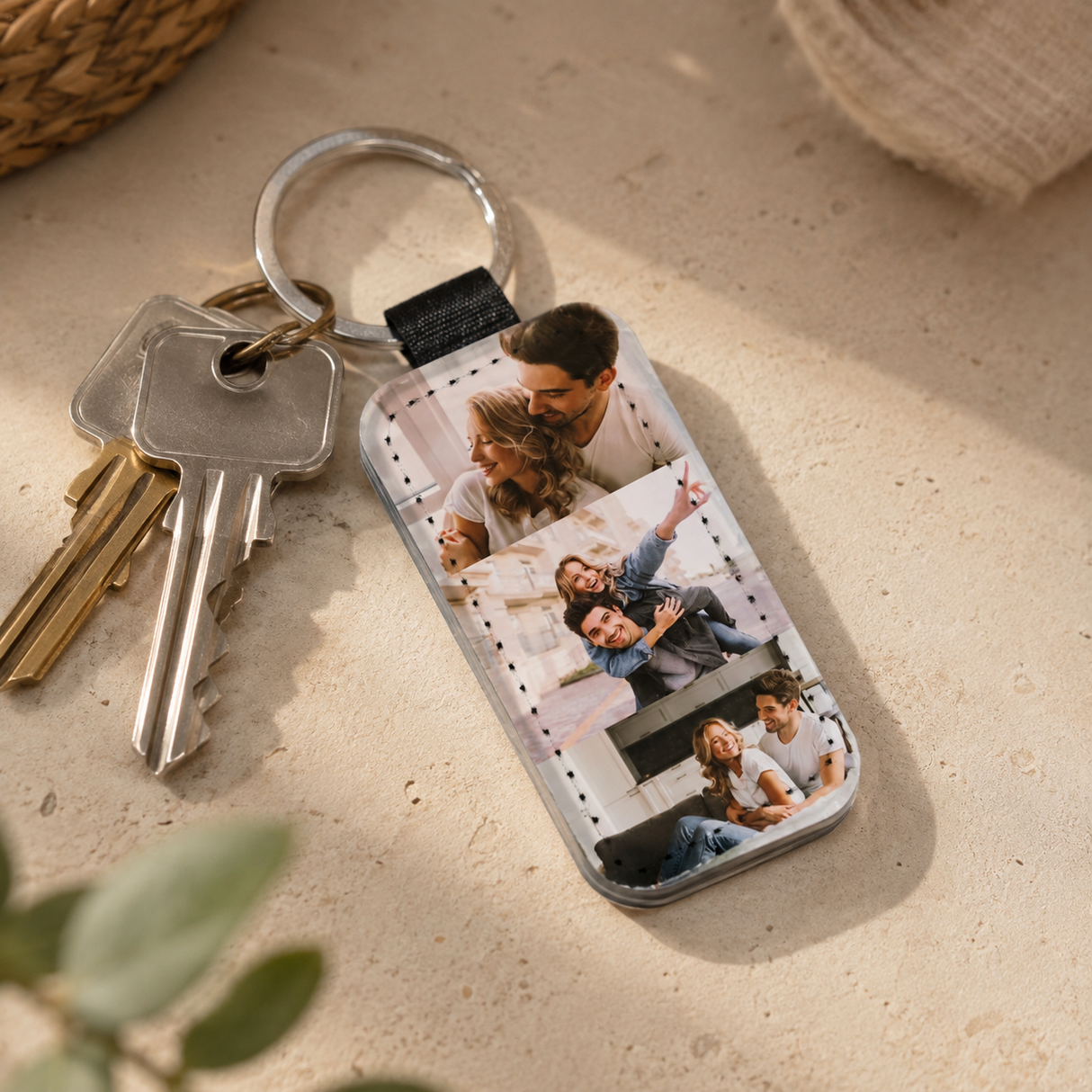Portachiavi rettangolare in ecopelle con foto personalizzata e anello metallico, con chiavi