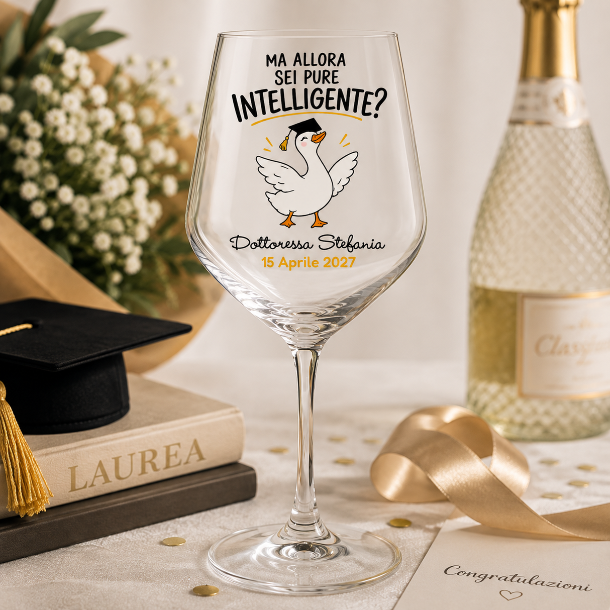 Calice laurea in vetro con frase ironica, oca, Dottoressa Stefania e 15 Aprile 2027