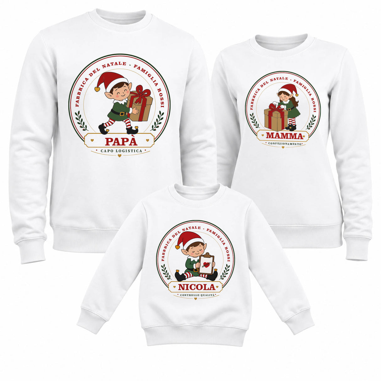 Felpe bianche girocollo con stampe circolari “PAPA”, “MAMMA” e “NICOLA”