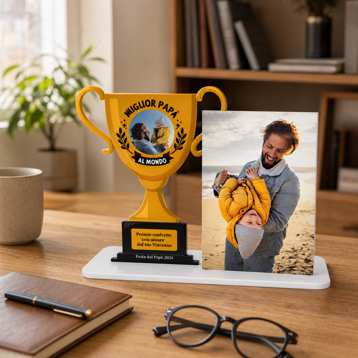 Trofeo in plexiglass giallo con foto “Miglior papà al mondo” e base nera