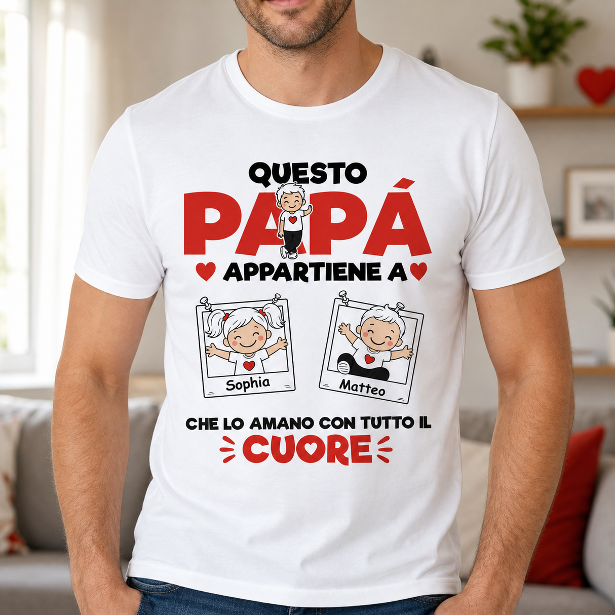T-shirt bianca con stampa “Questo Papà appartiene a” e nomi dei figli