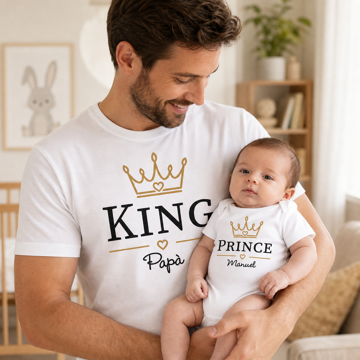 T-shirt bianca papà con corona KING e t-shirt bianca bimbo con corona PRINCE