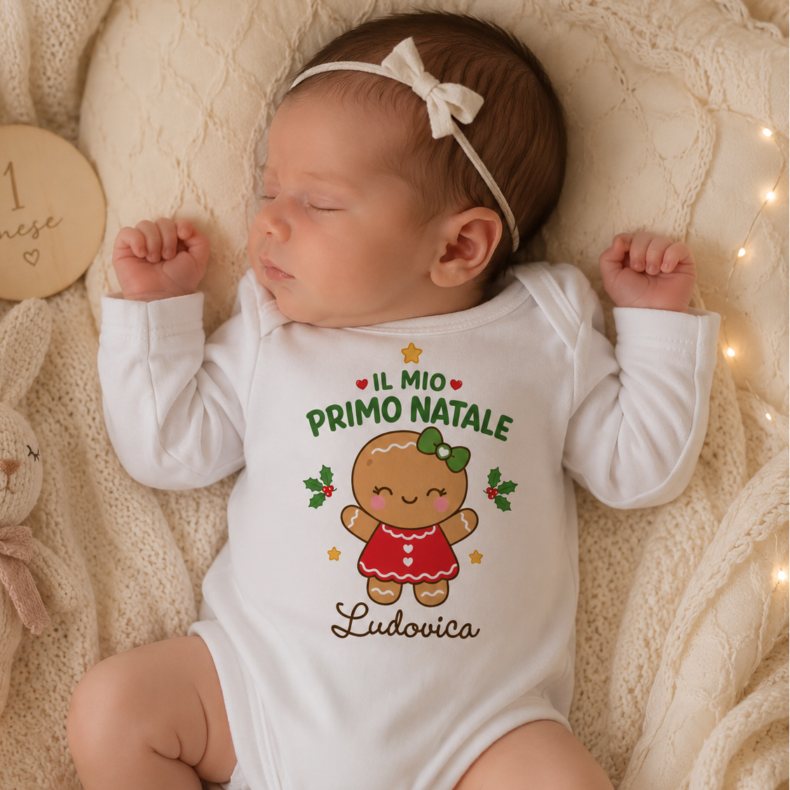 Body neonato bianco con stampa «Il mio Primo Natale» e Ludovica, maniche lunghe