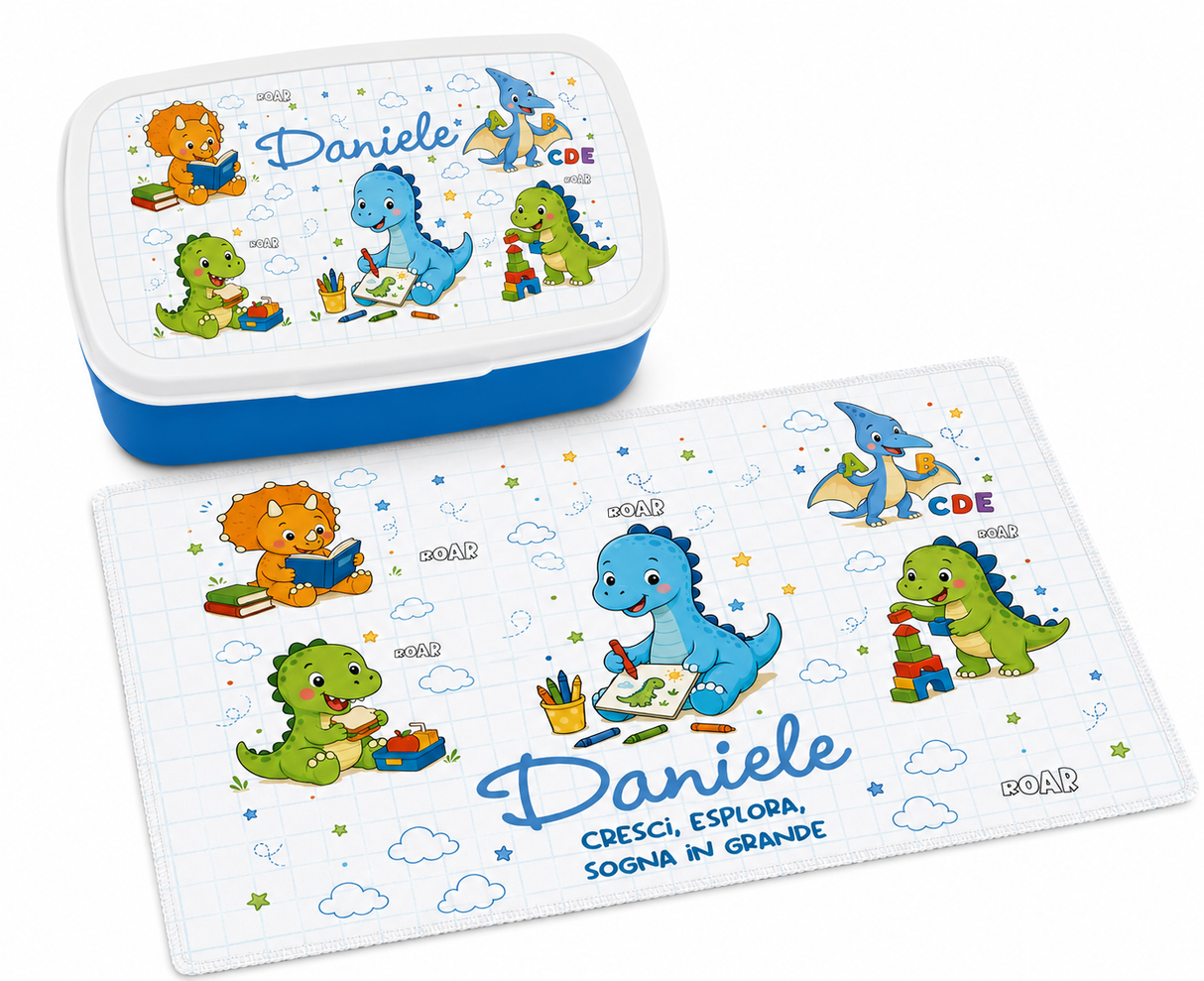 Lunch box blu con coperchio bianco e grafica dinosauri, nome Daniele