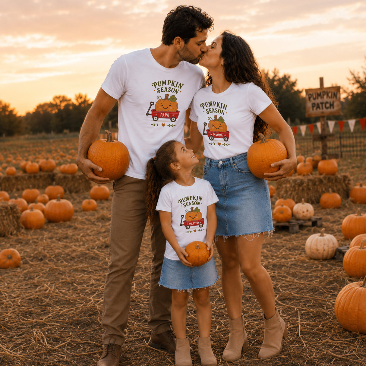 Maglietta bianca con stampa “Pumpkin Season” e zucca su carretto