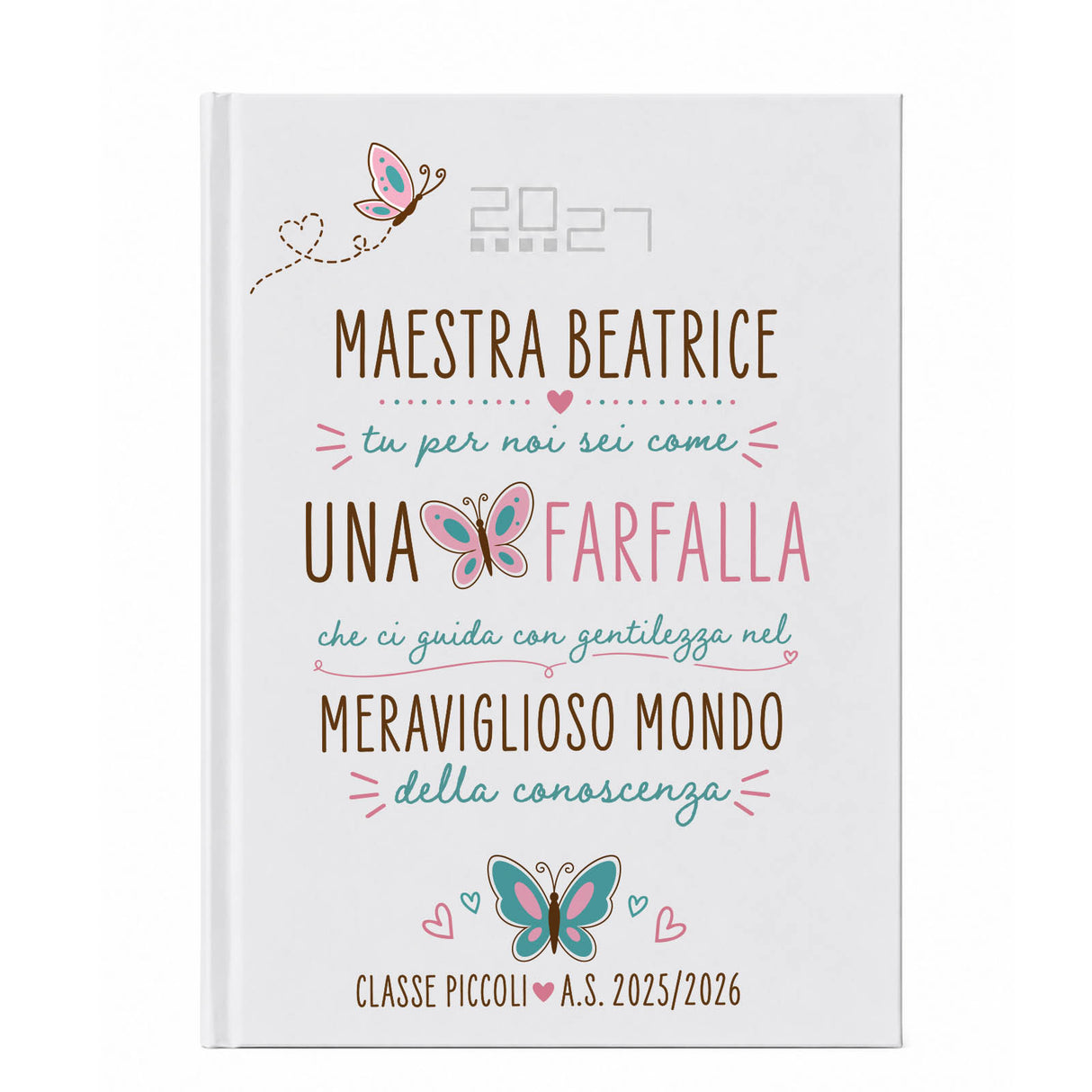 Agenda personalizzata per maestra con copertina bianca e farfalla colorata