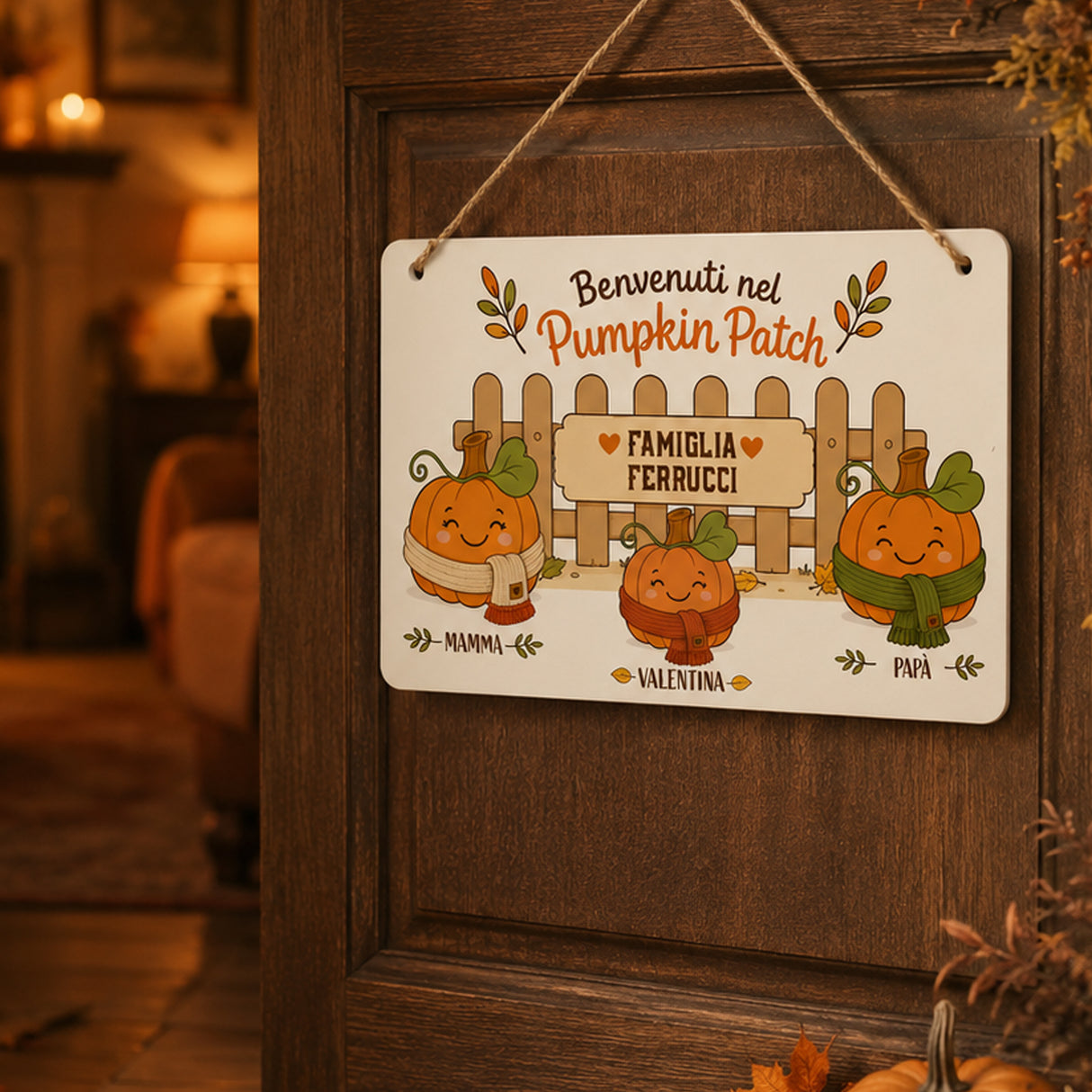 Targa in plexiglass con zucche e “Benvenuti nel Pumpkin Patch”, famiglia Ferrucci (Valentina).