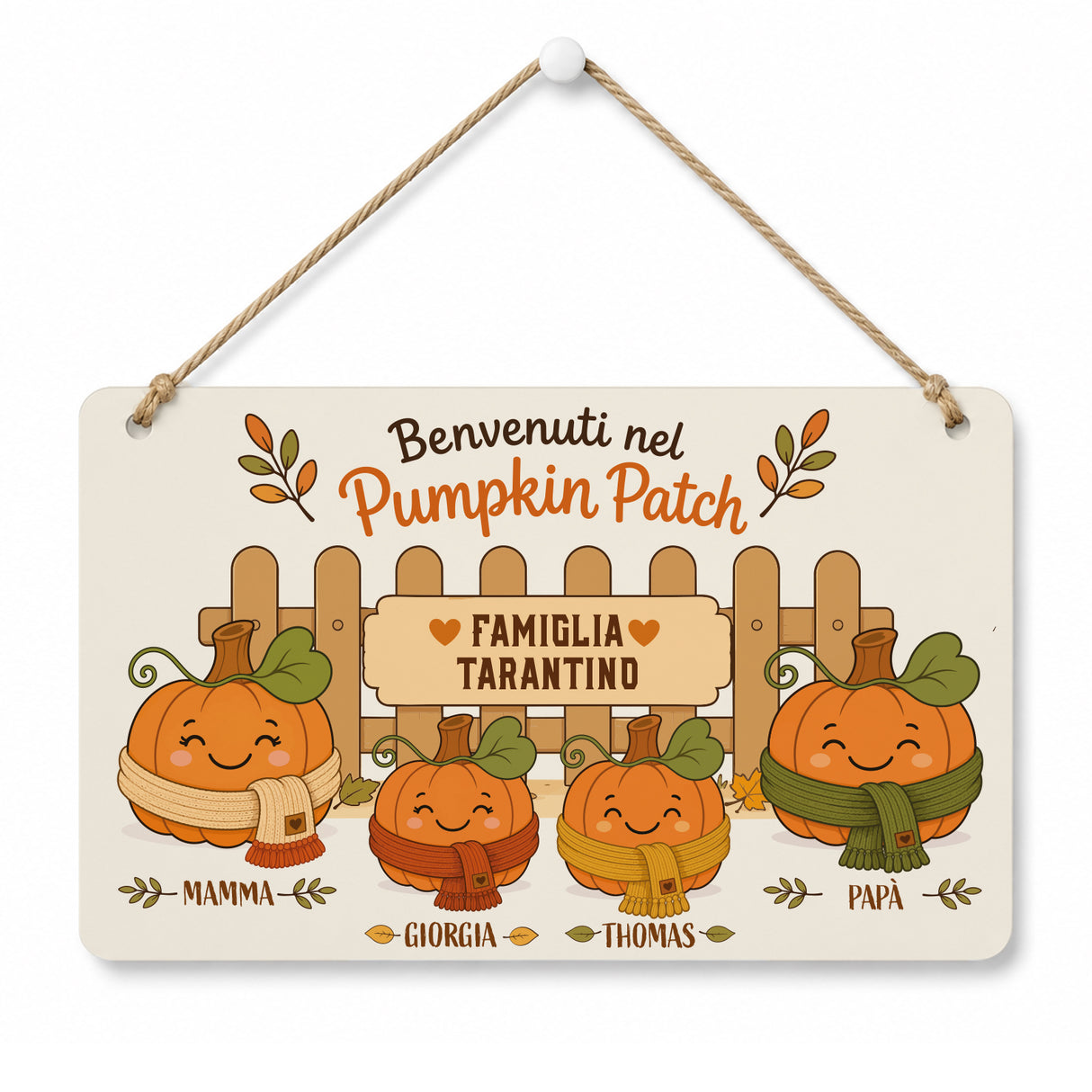 Targa in plexiglass autunnale con zucche e scritta “Benvenuti nel Pumpkin Patch”.