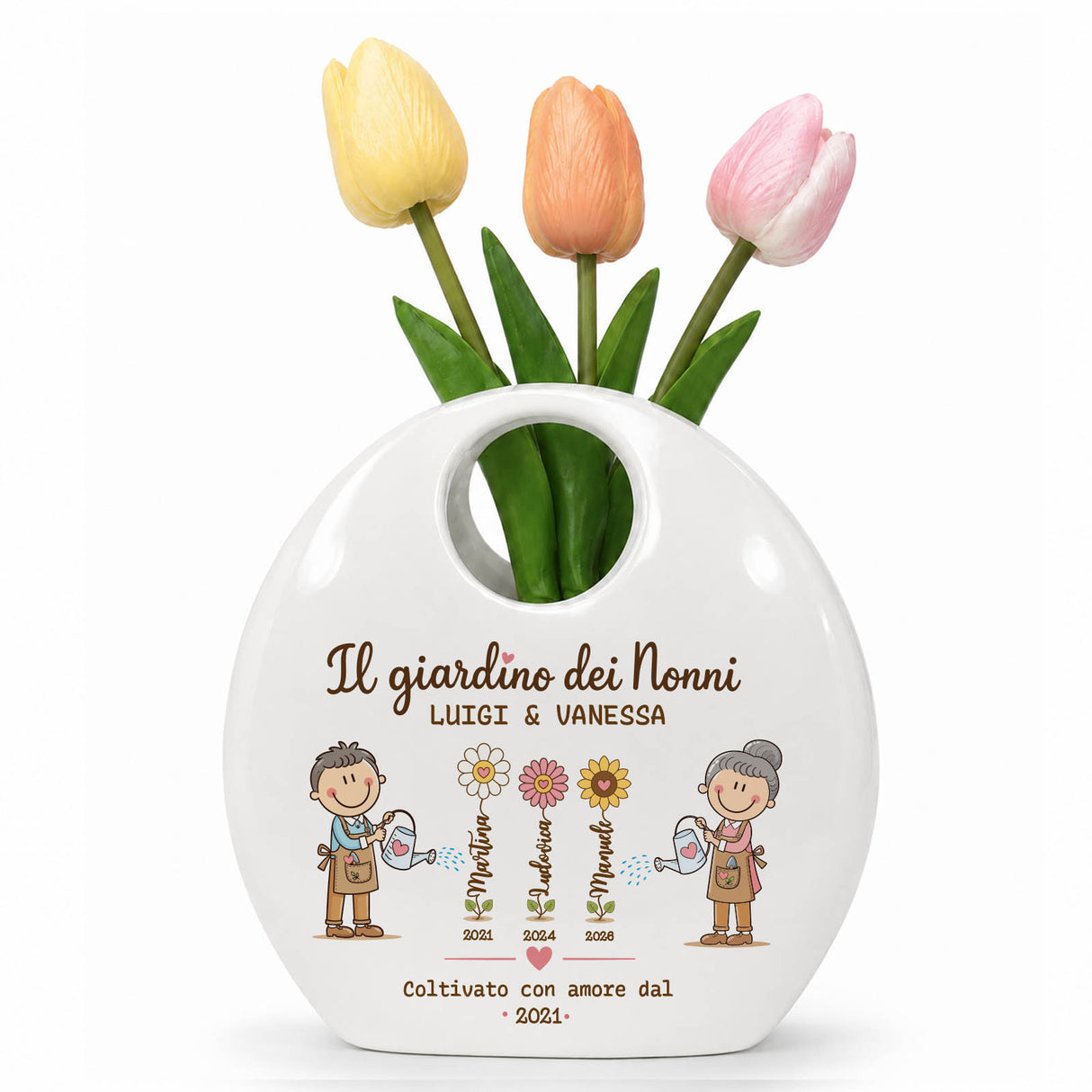 Vaso in ceramica bianco con tulipani, scritta “Il giardino dei nonni”, LUIGI & VANESSA, 2021
