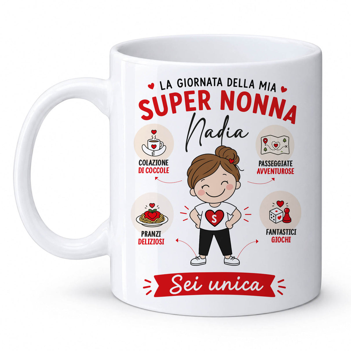 Tazza bianca in ceramica con scritta “Super Nonna” e nome Nadia