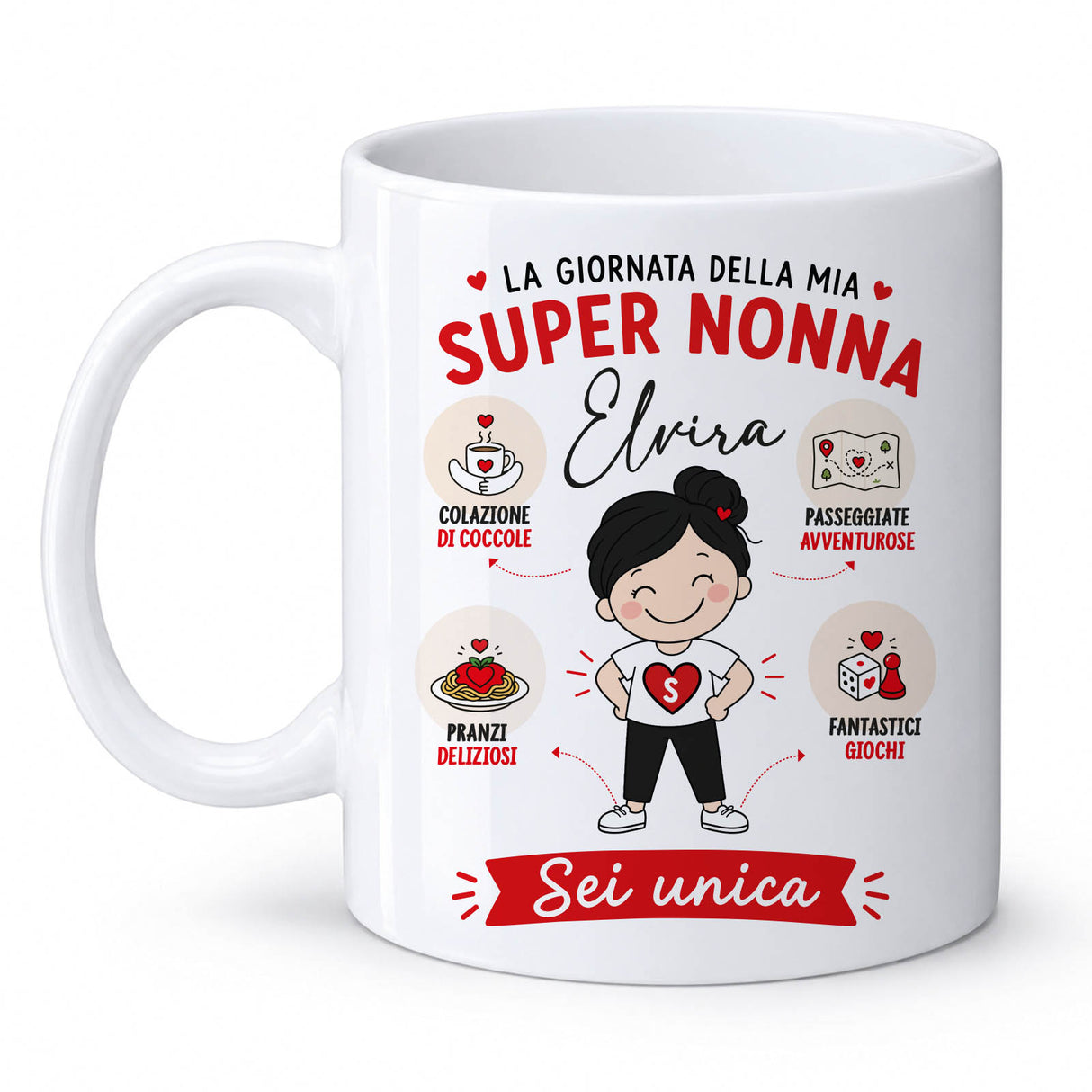 Tazza bianca in ceramica con scritta “Super Nonna” e nome Elvira