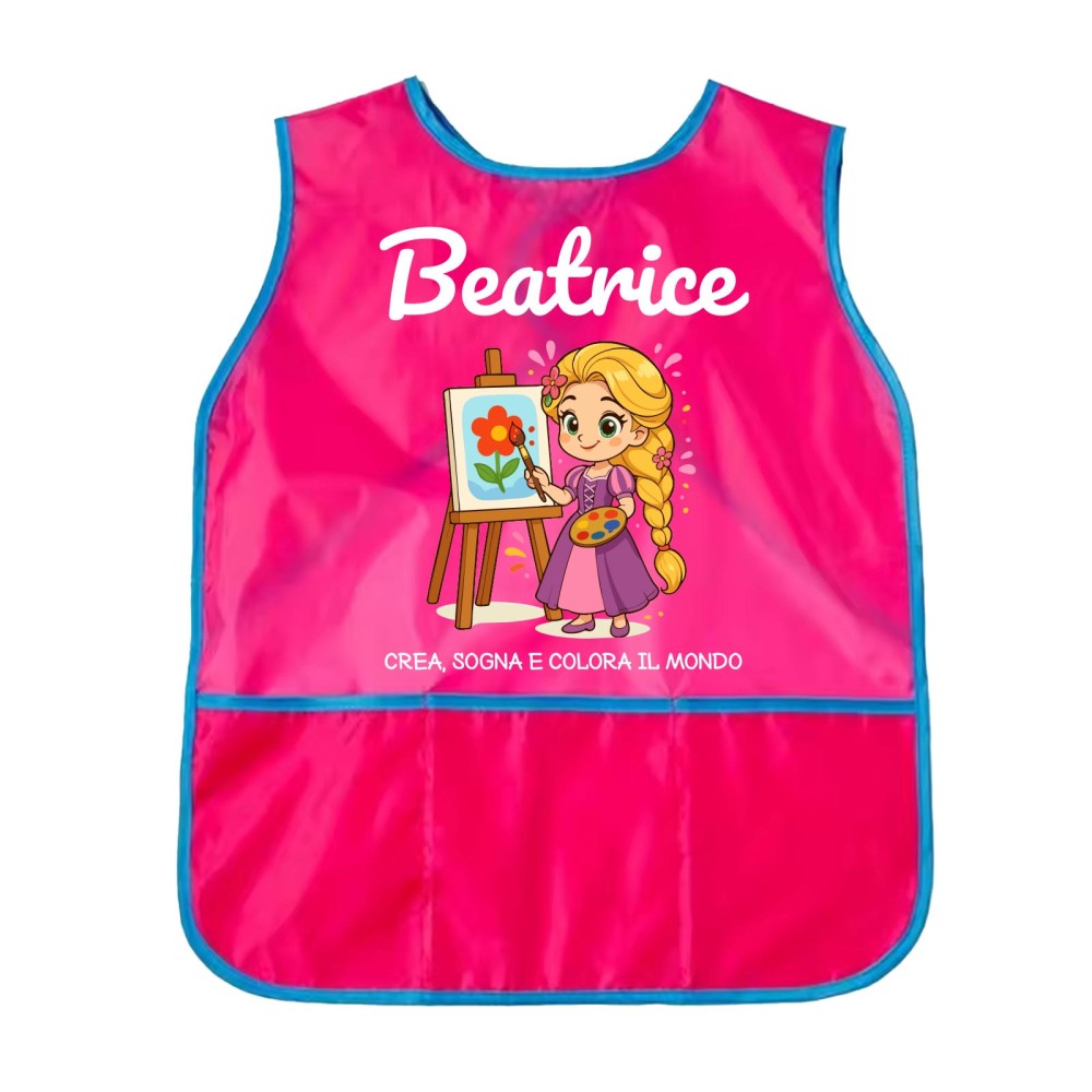 Grembiule da pittura bambina rosa fucsia con bordo turchese e stampa principessa