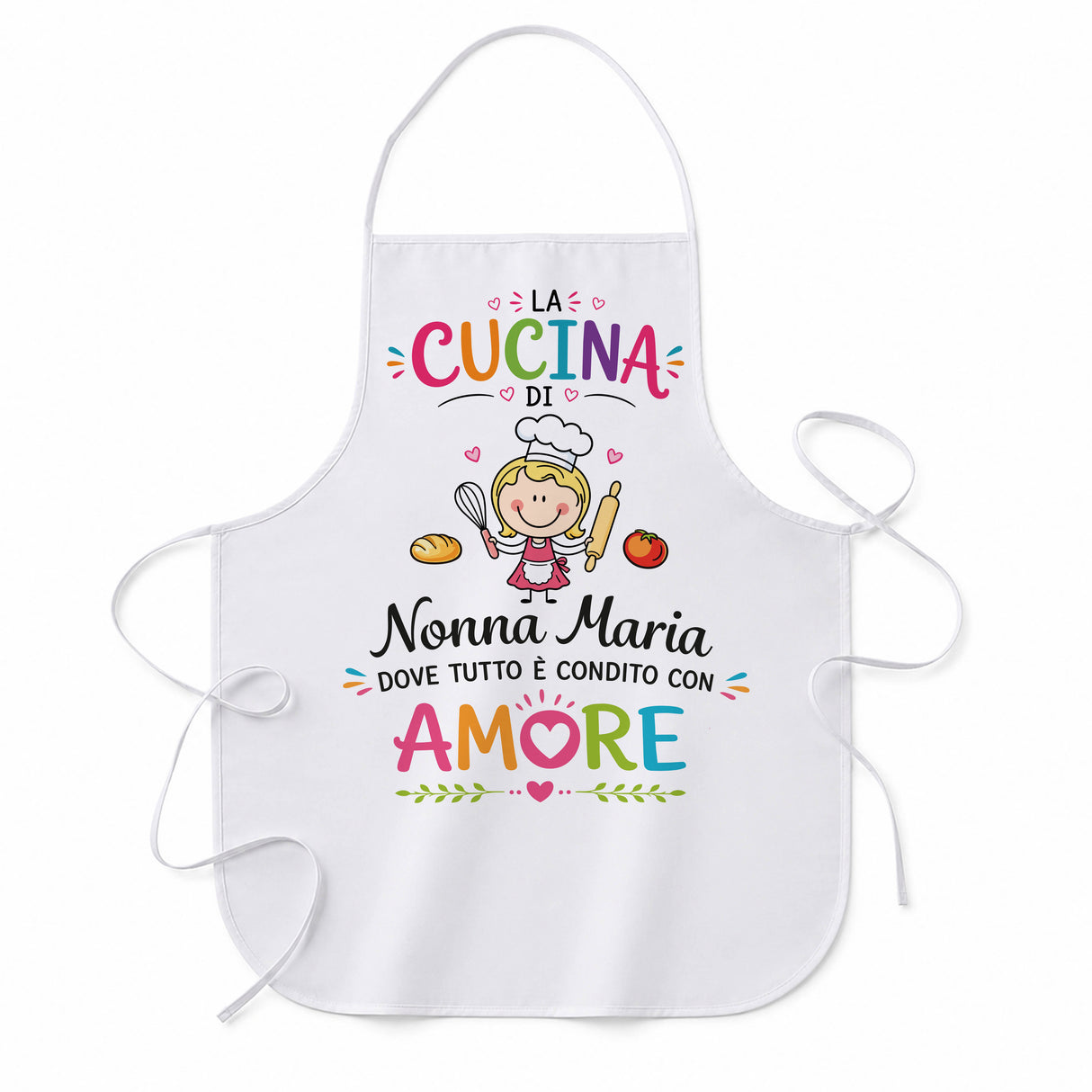 Grembiule da cucina bianco con stampa “Nonna Maria” e scritta “AMORE”