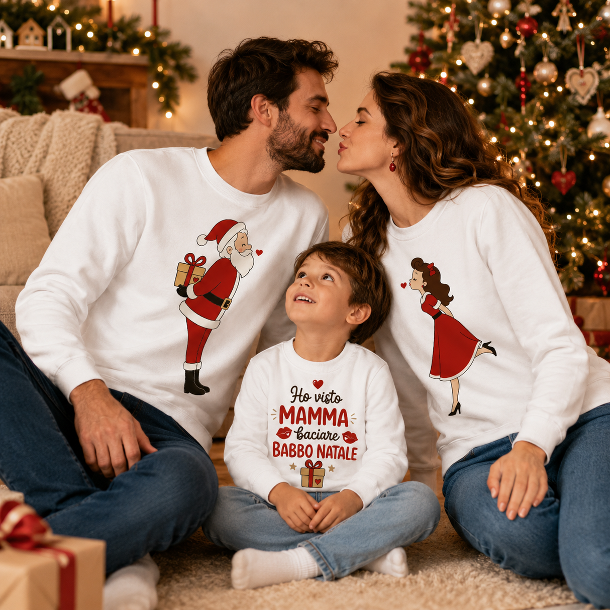 Set di felpe natalizie bianche: papà con Babbo regalo, mamma con angelo, bimbo con scritta