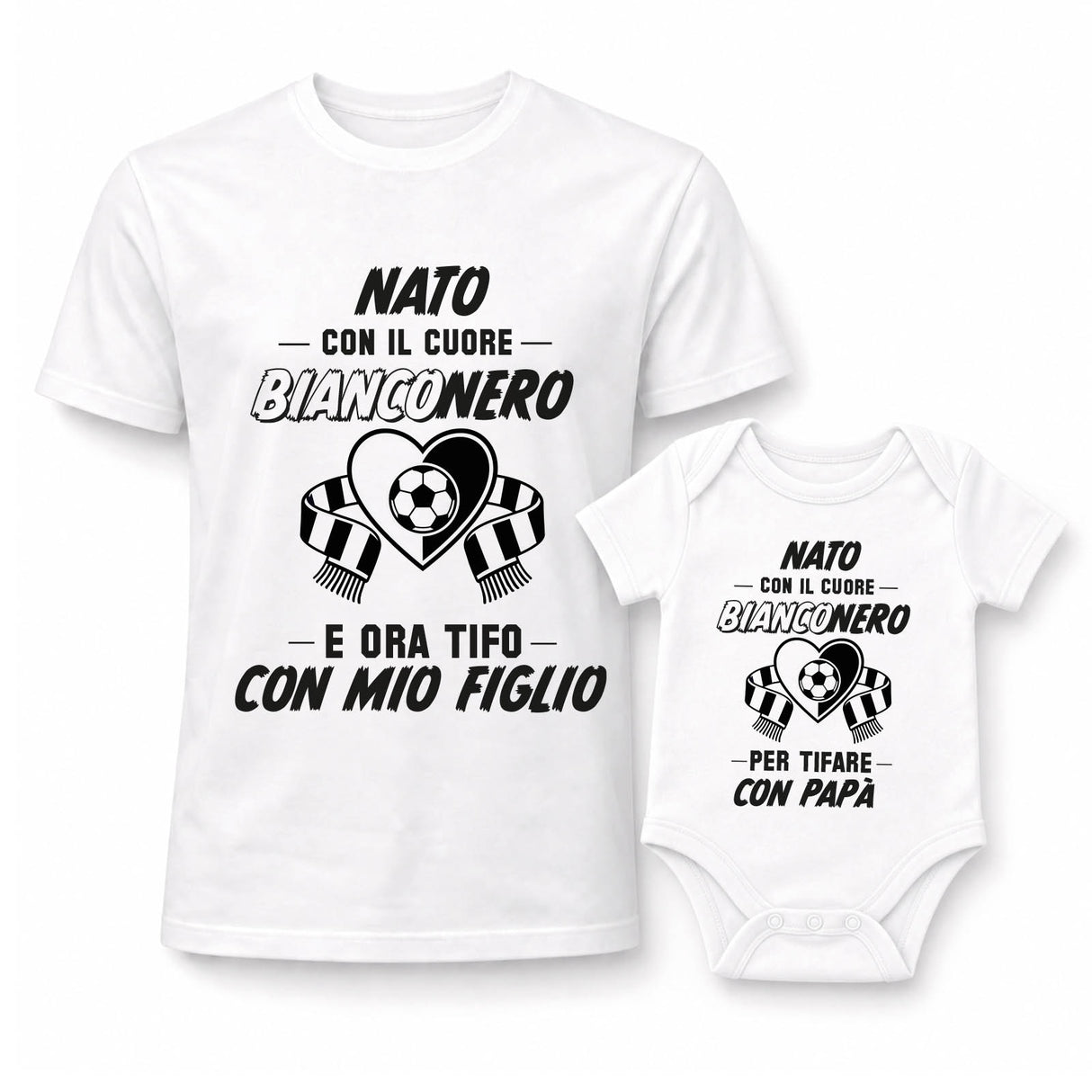 Set t-shirt e body bianchi con stampa calcio nera e grigia "Bianconerо"