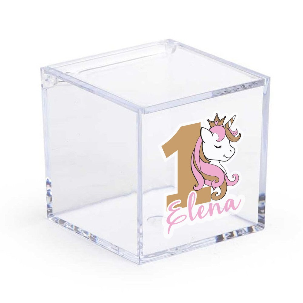 Scatola portaconfetti cubica trasparente con stampa unicorno e scritta Elena