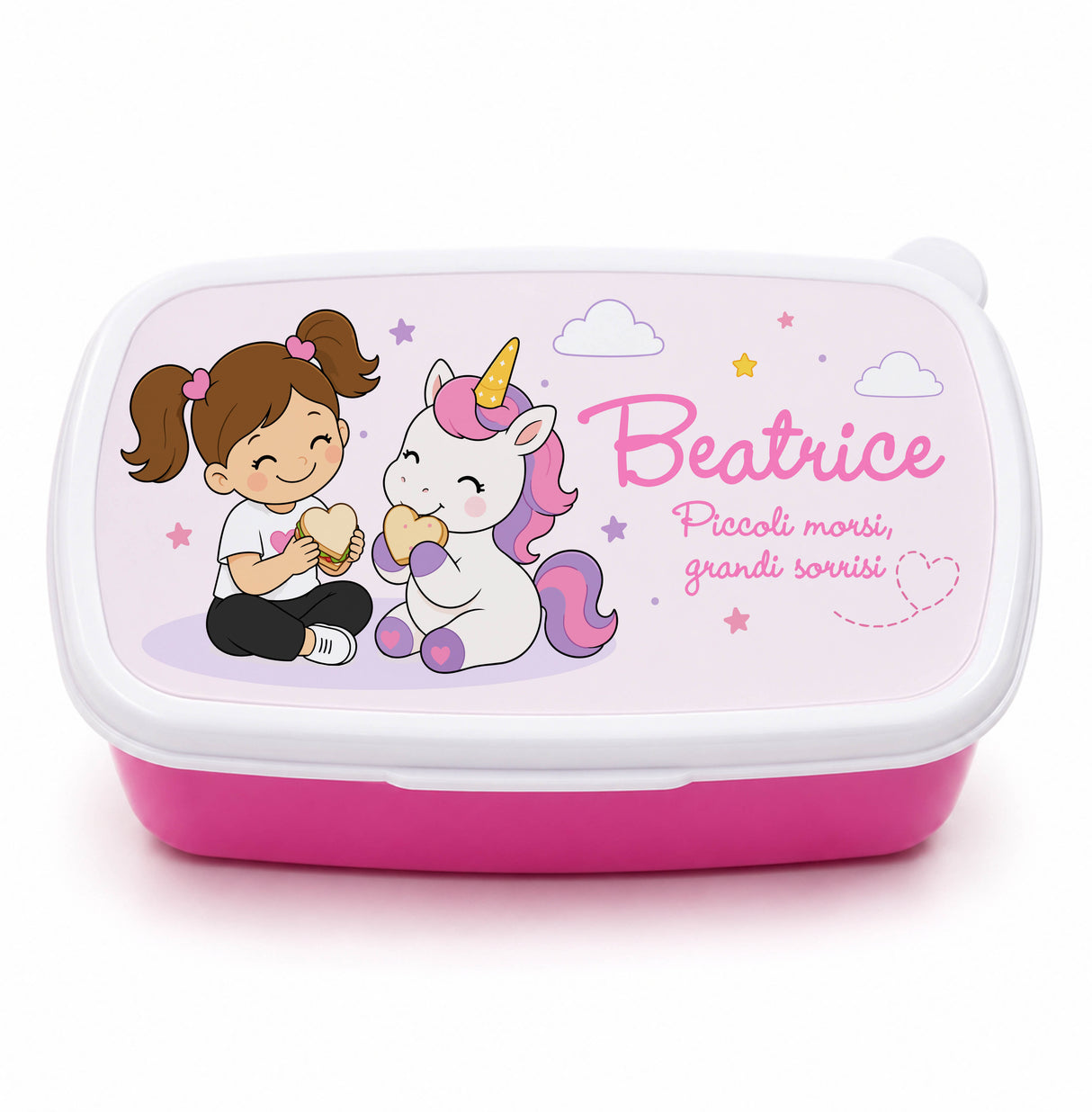 Scatola pranzo rosa con unicorno e nome Beatrice sul coperchio